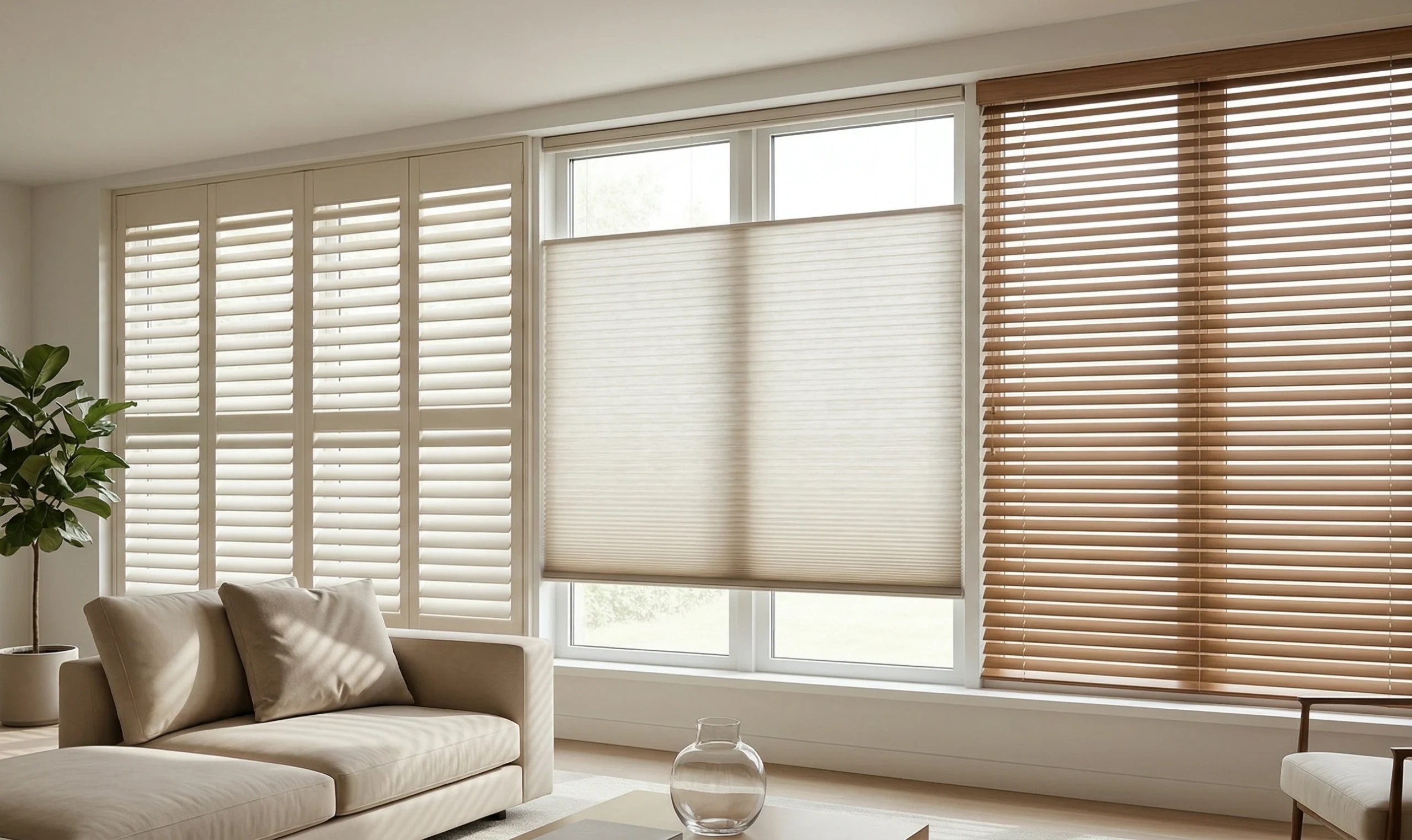 Shutters, blinds, and shades compared side by side in an Orange County home