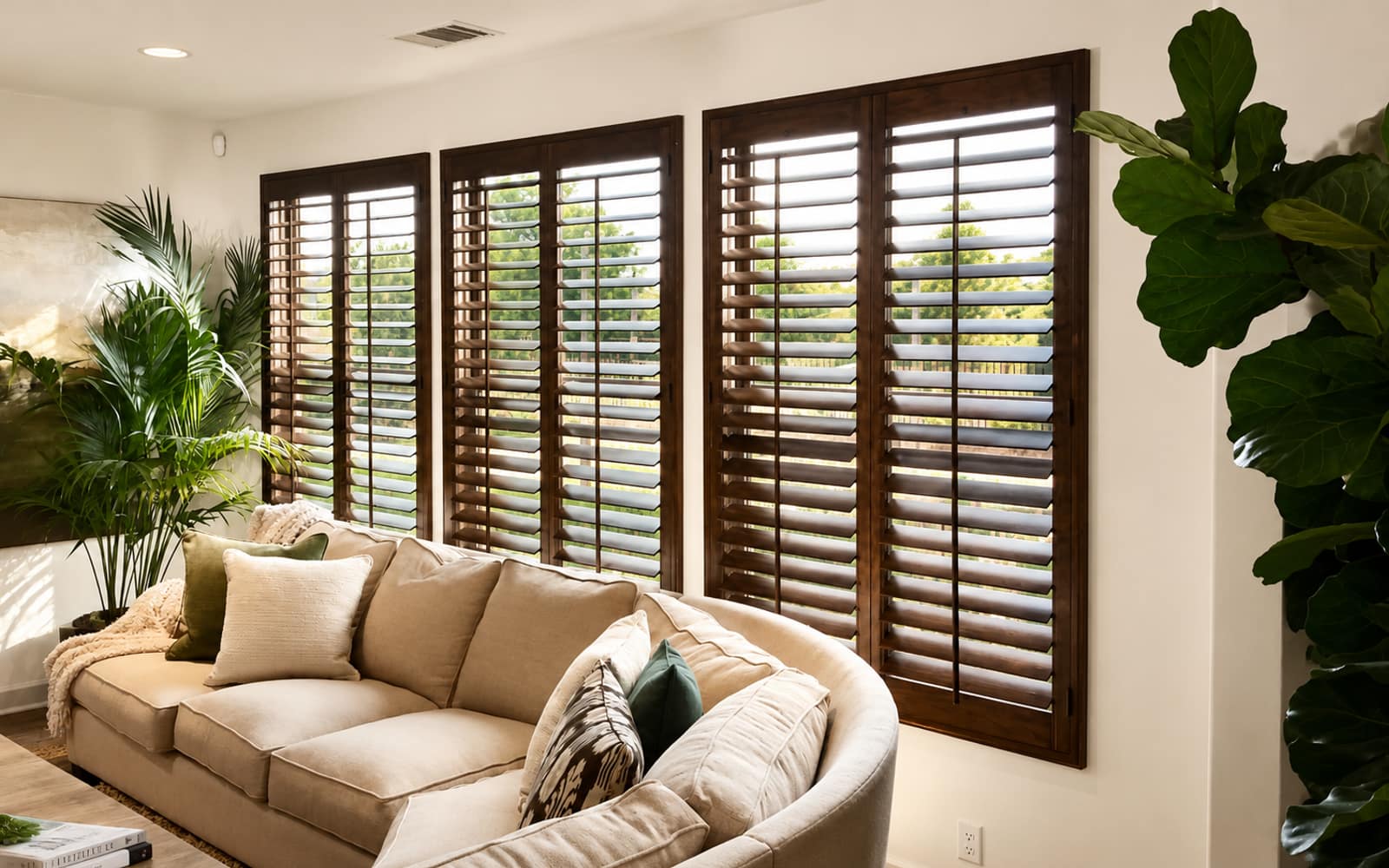 Living room with three tall windows in stained natural wood-tone plantation shutters and a snake plant nearby