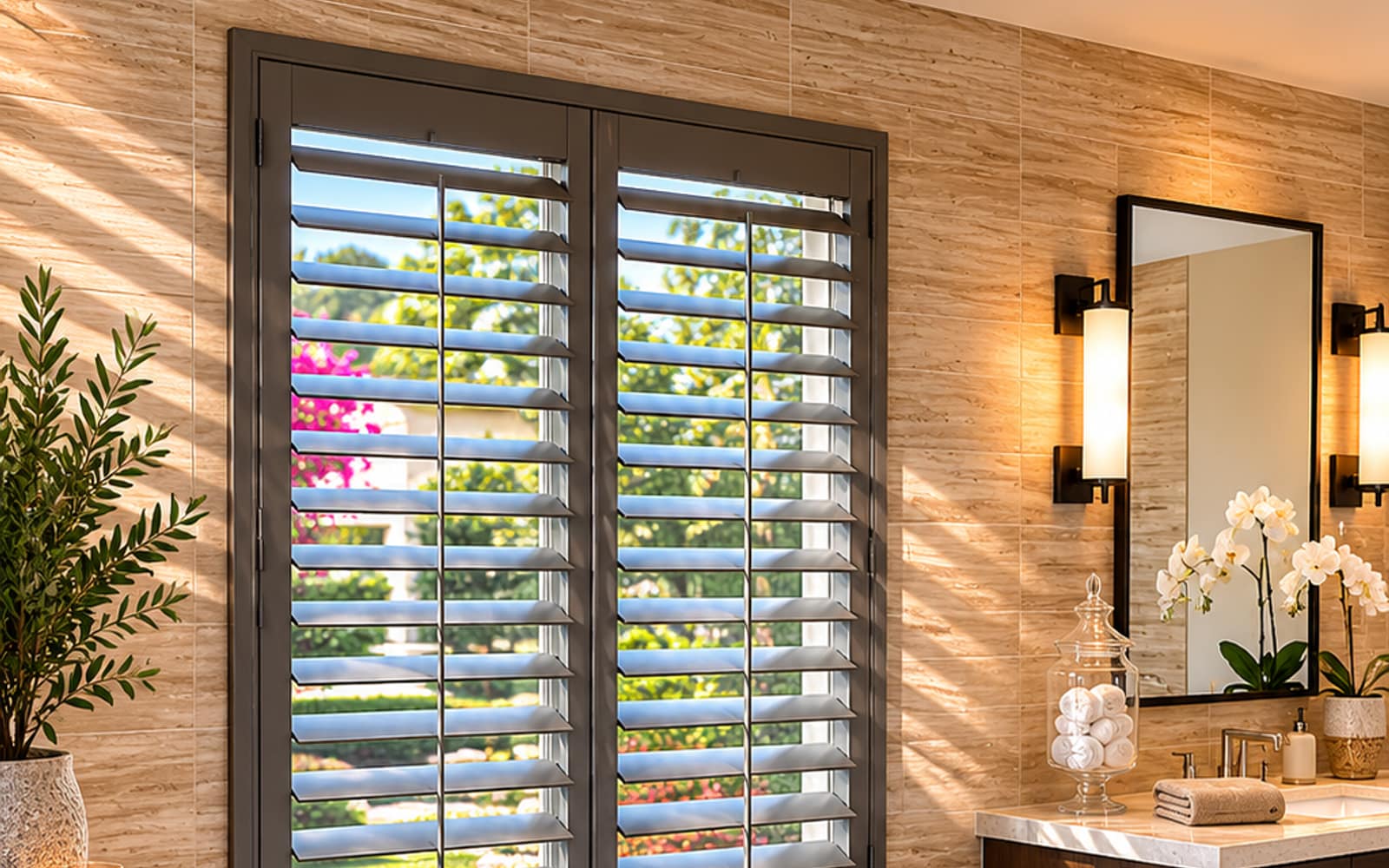 Grey-toned plantation shutter on a bathroom window beside a freestanding tub and wood-look tile floor