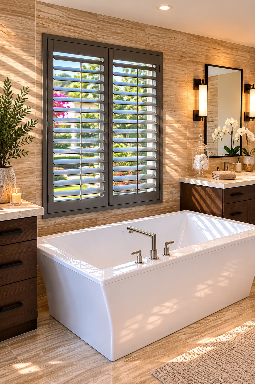 Charcoal-painted plantation shutters above a freestanding bath tub