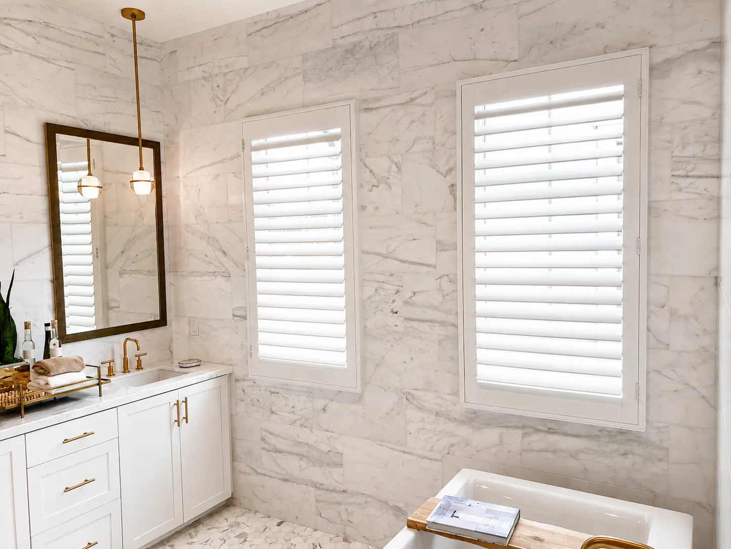 White poly plantation shutters in a Newport Beach marble master bath with brass fixtures