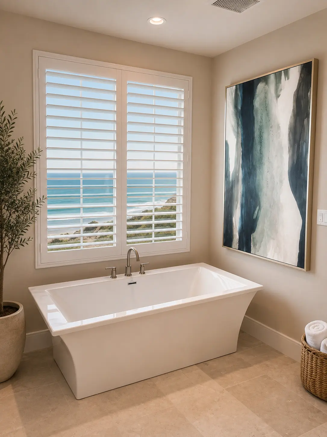 White poly shutters with ocean view above a freestanding tub in Dana Point