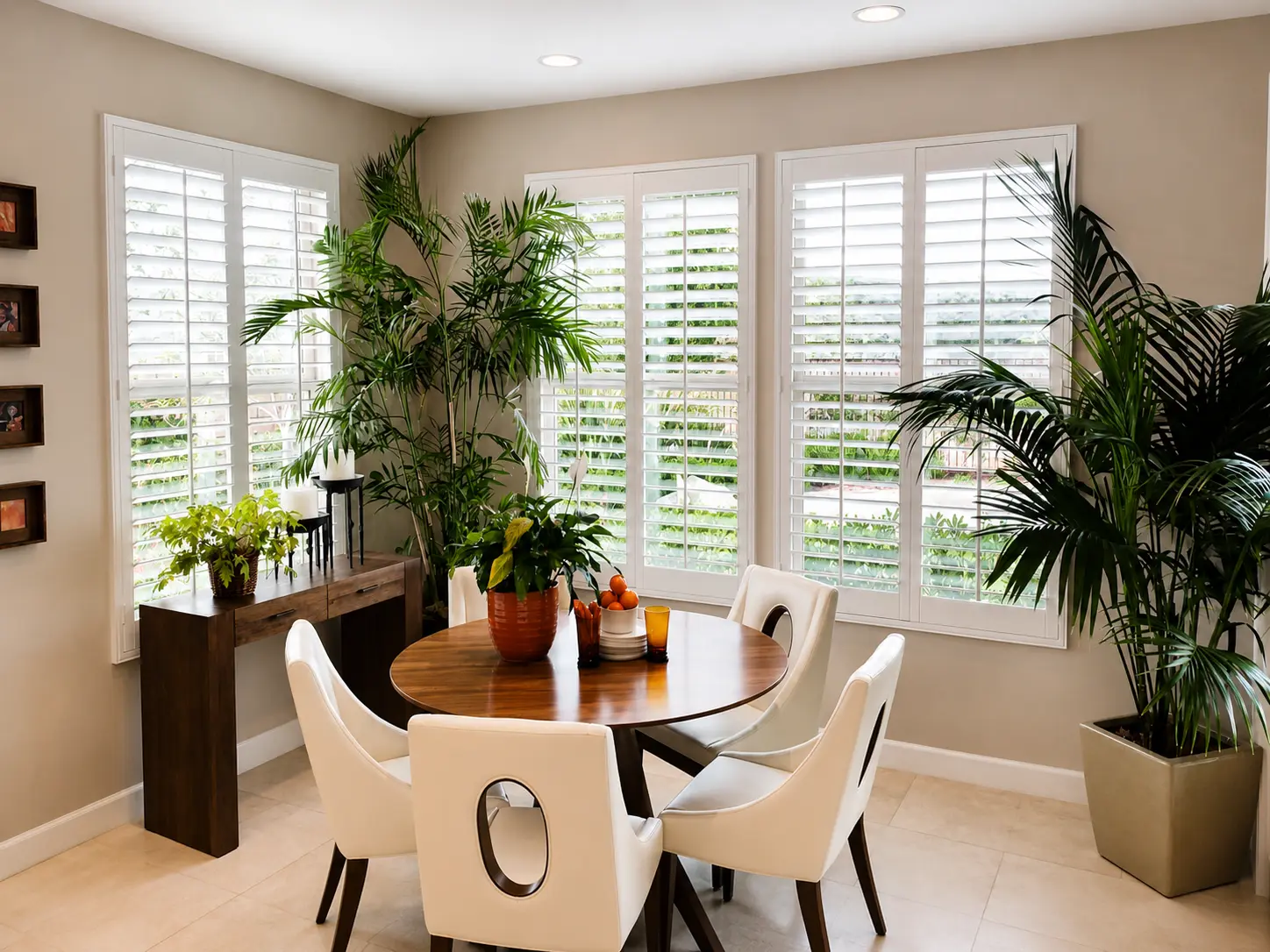 White plantation shutters across a dining room with palm plants