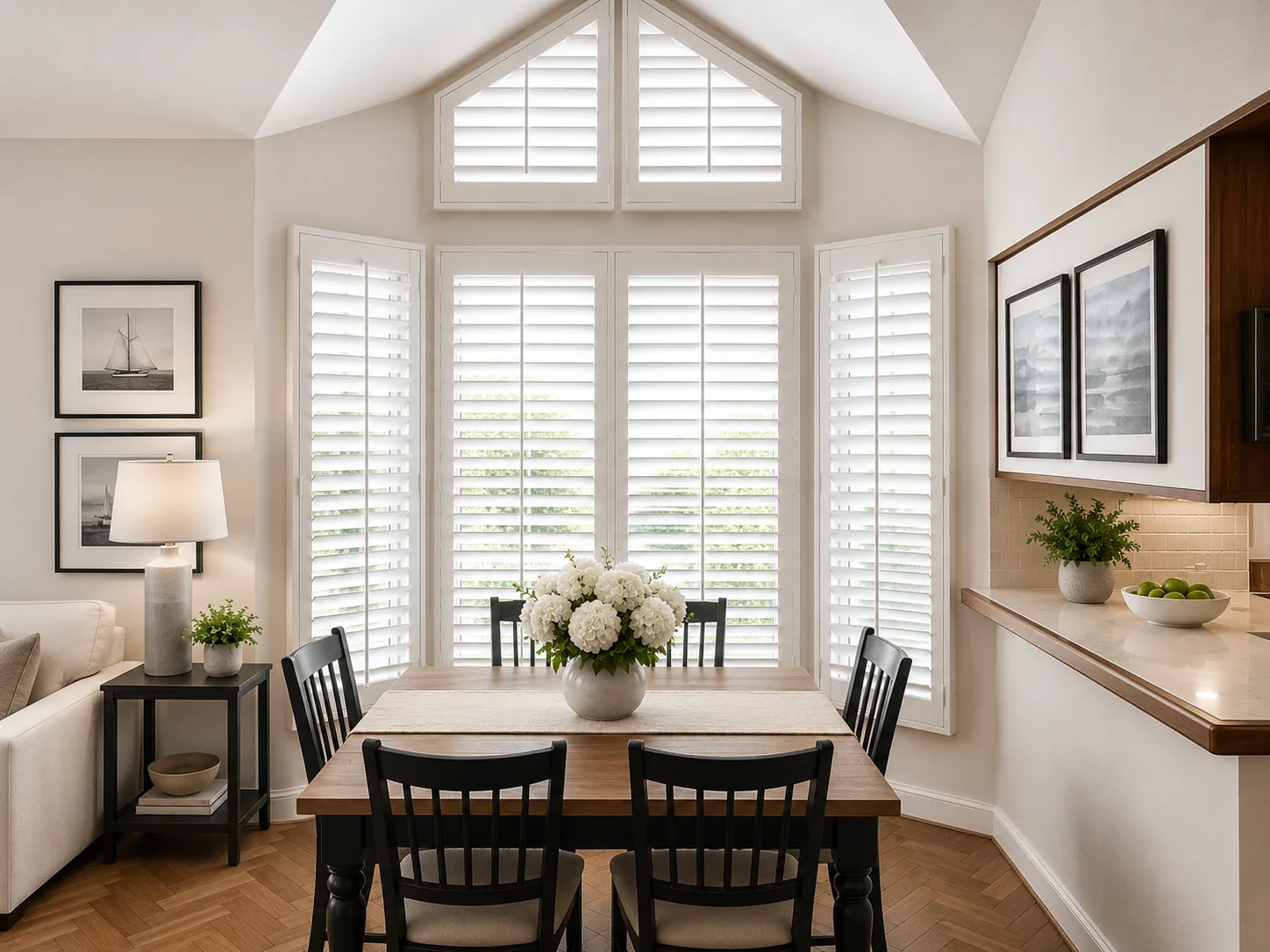White plantation shutters on a bay window with gable-shaped shutters above in a dining nook