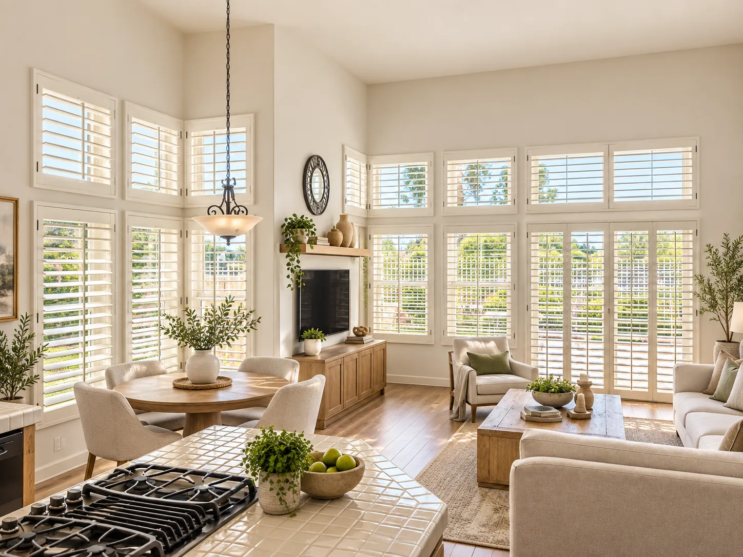 White plantation shutters on corner windows, transoms, and French doors in an open-concept great room