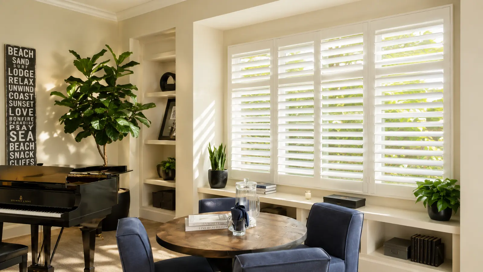 White plantation shutters in a music room with a grand piano