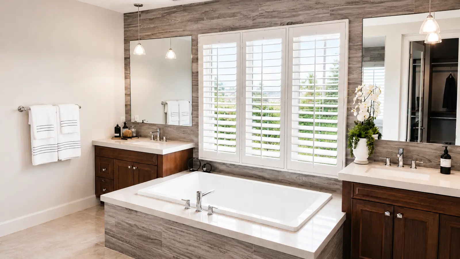 White plantation shutters above a soaking tub in a modern master bath