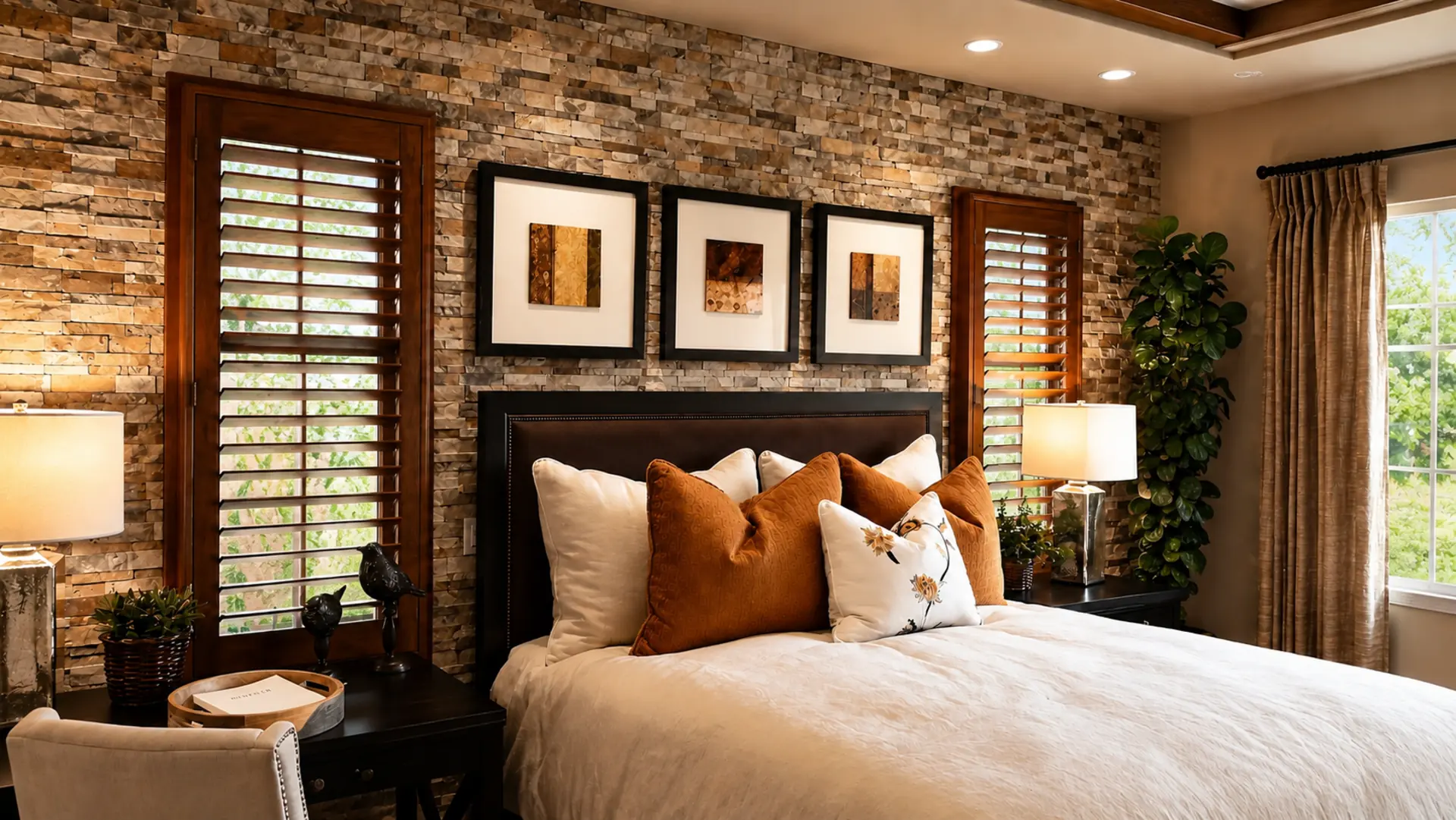 Stained basswood plantation shutters in a stone-walled bedroom