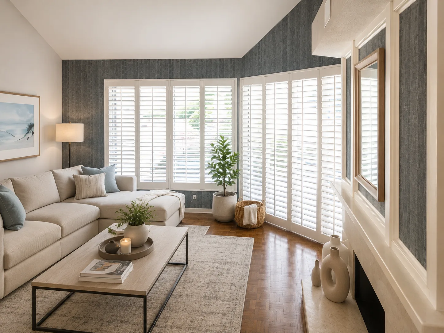 White plantation shutters on a corner window and sliding patio door in a living room with blue-grey wallpaper