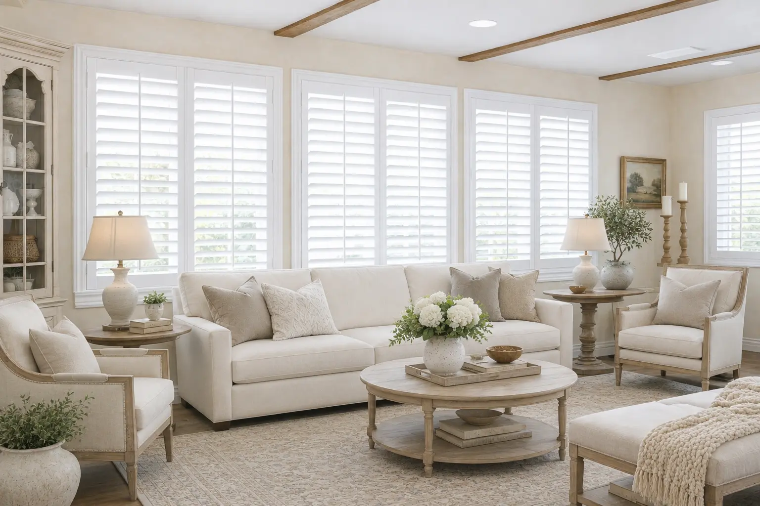 White plantation shutters across a traditional coastal living room