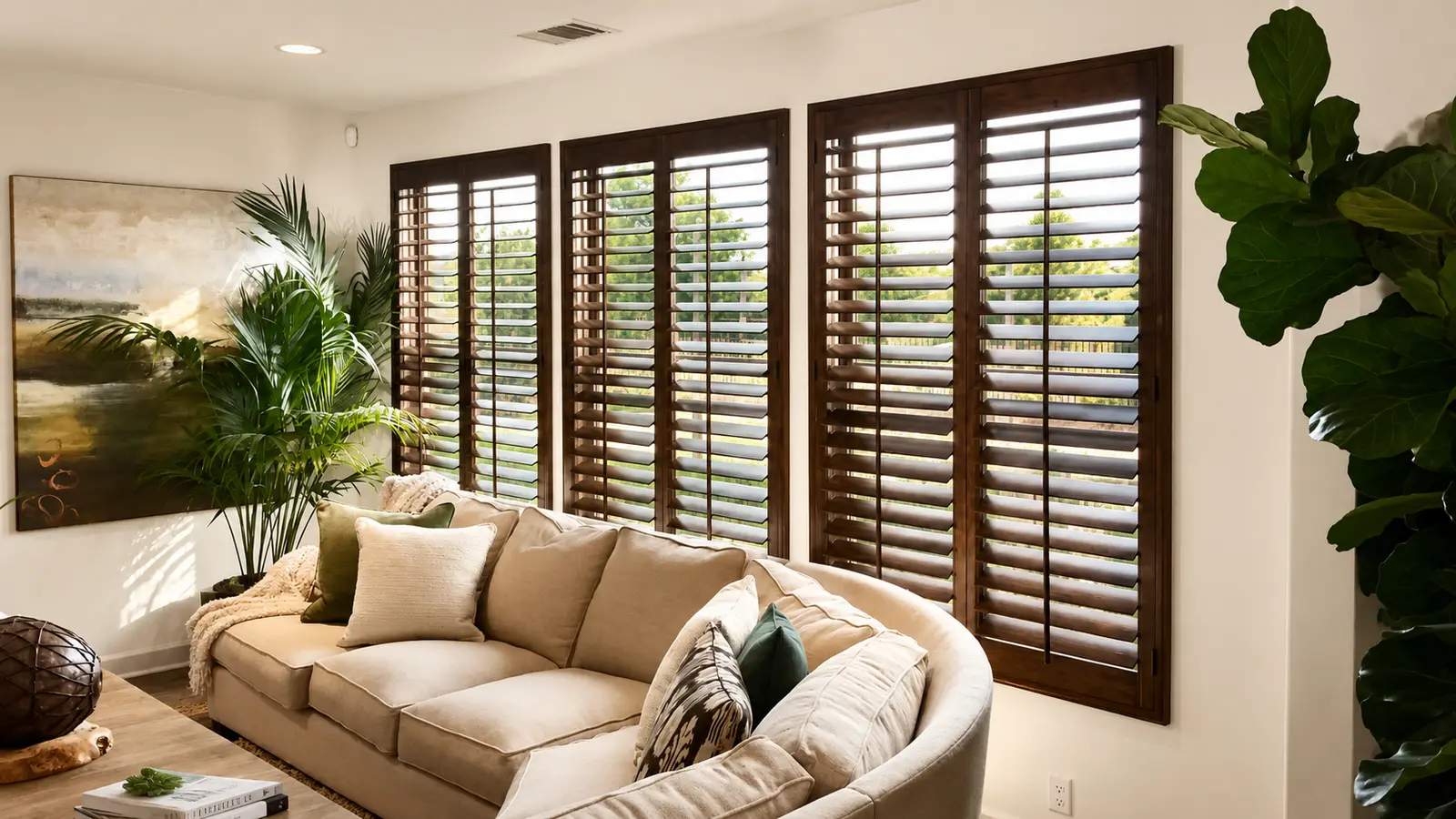 Dark stained basswood plantation shutters across a wide Yorba Linda living room picture window