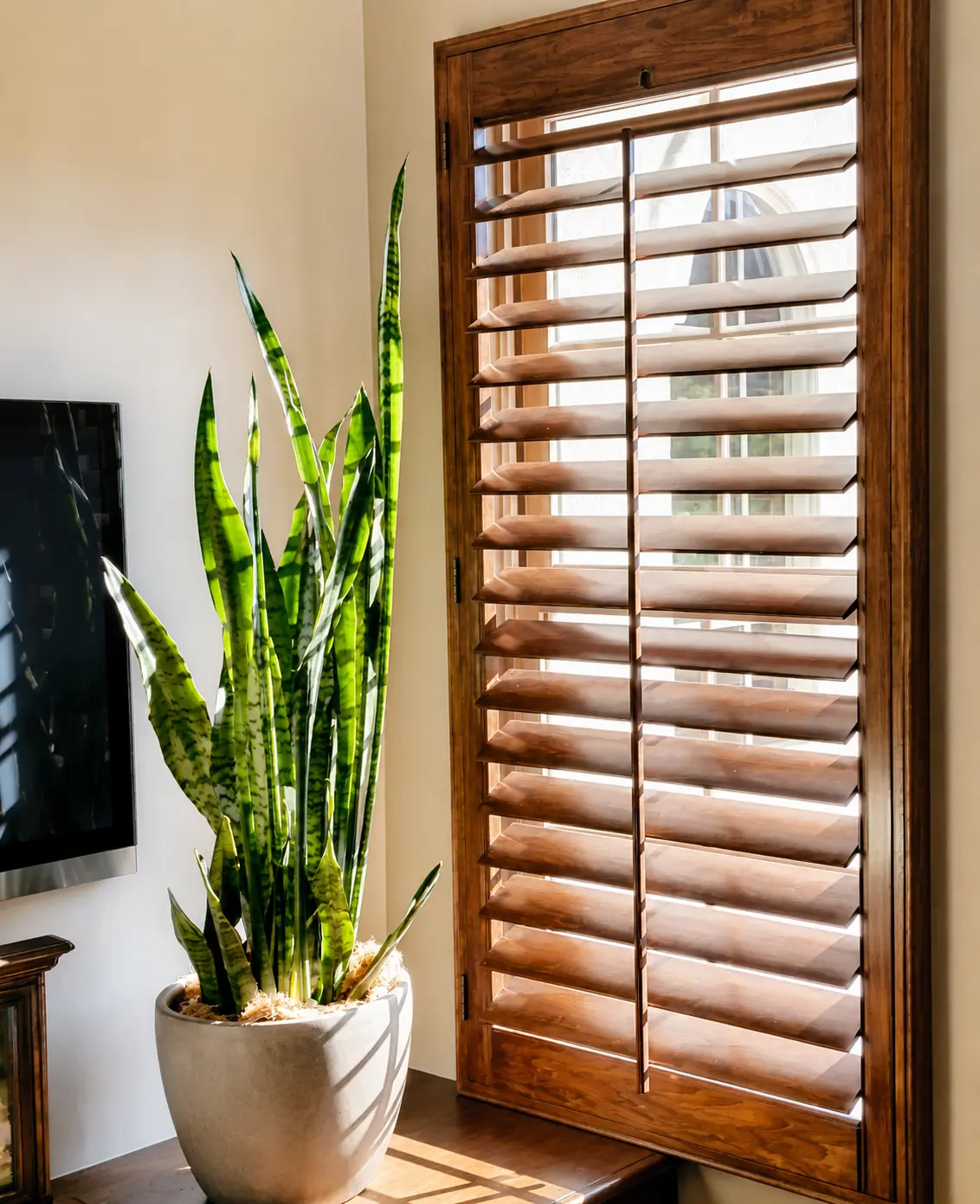 Dark stained wood plantation shutter on a tall arched-top window