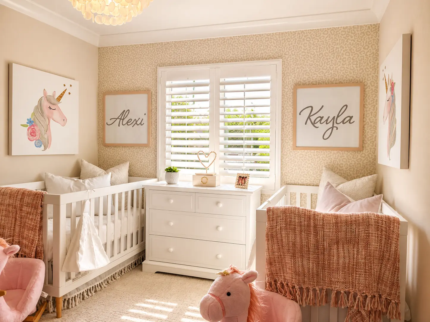 White plantation shutters in a twin-crib nursery with leopard-print wallpaper