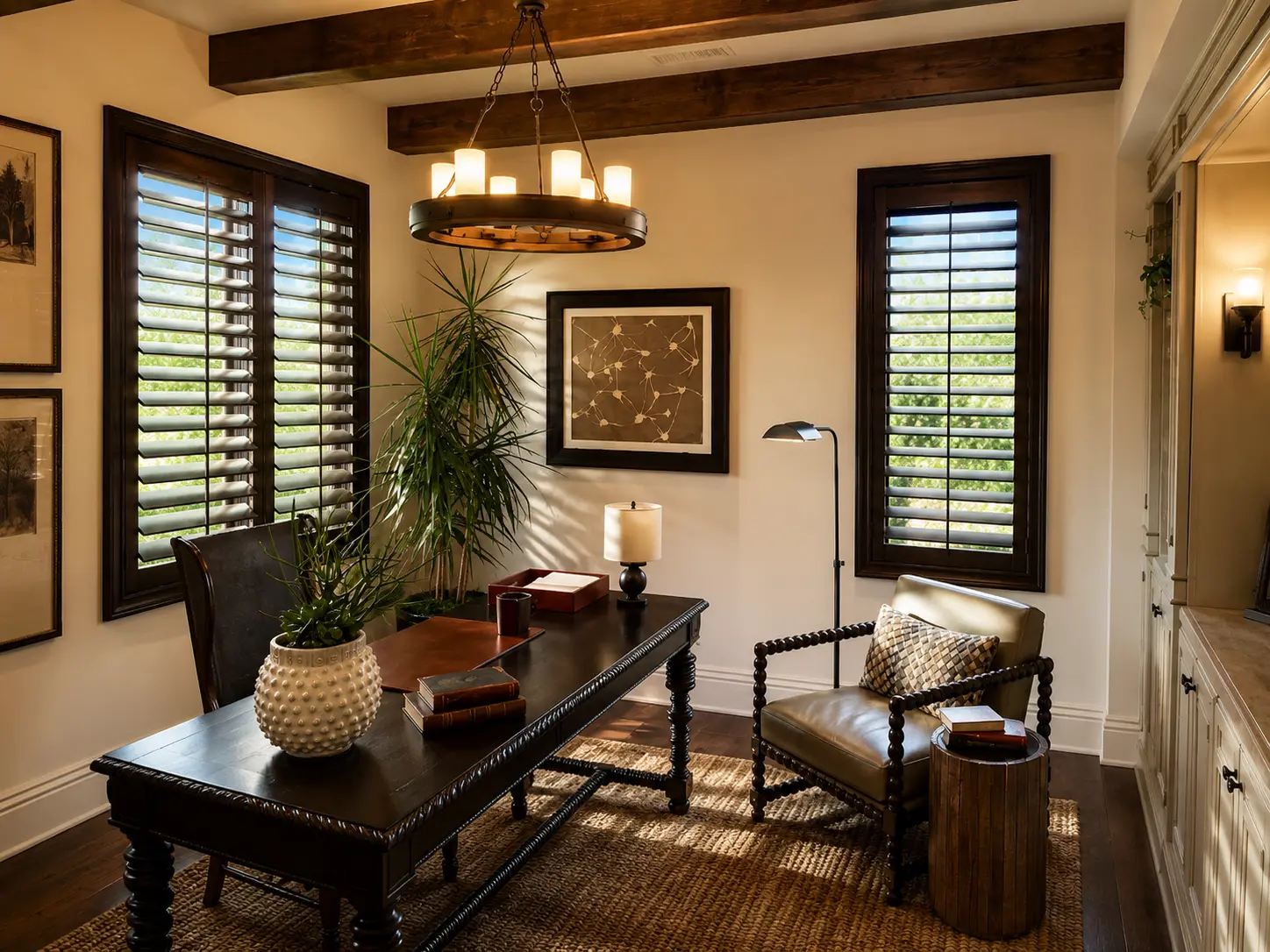 Dark stained wood plantation shutters in a Spanish-style study with beamed ceiling