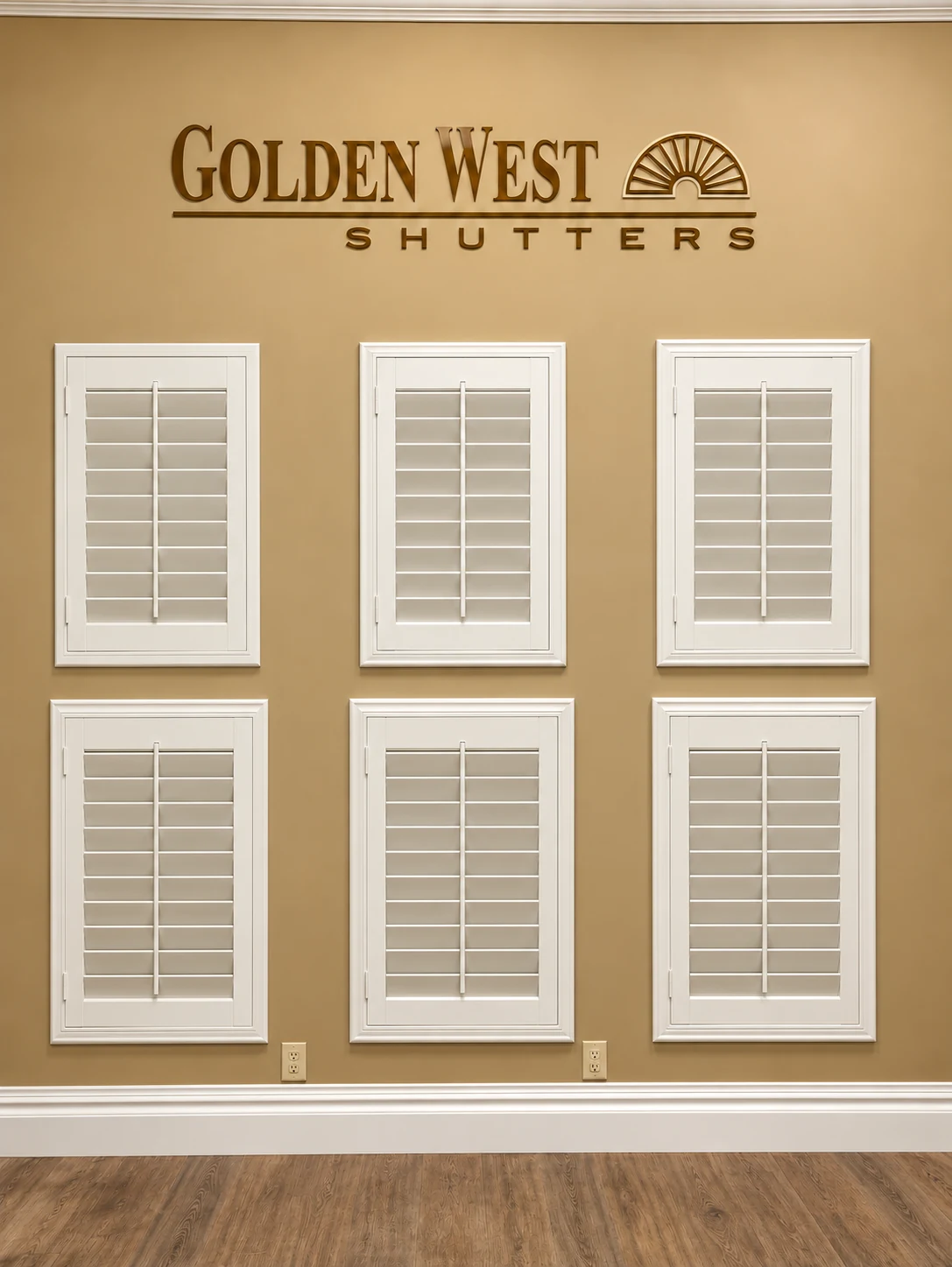 Showroom wall with three inside mount shutters on top and three outside mount shutters below