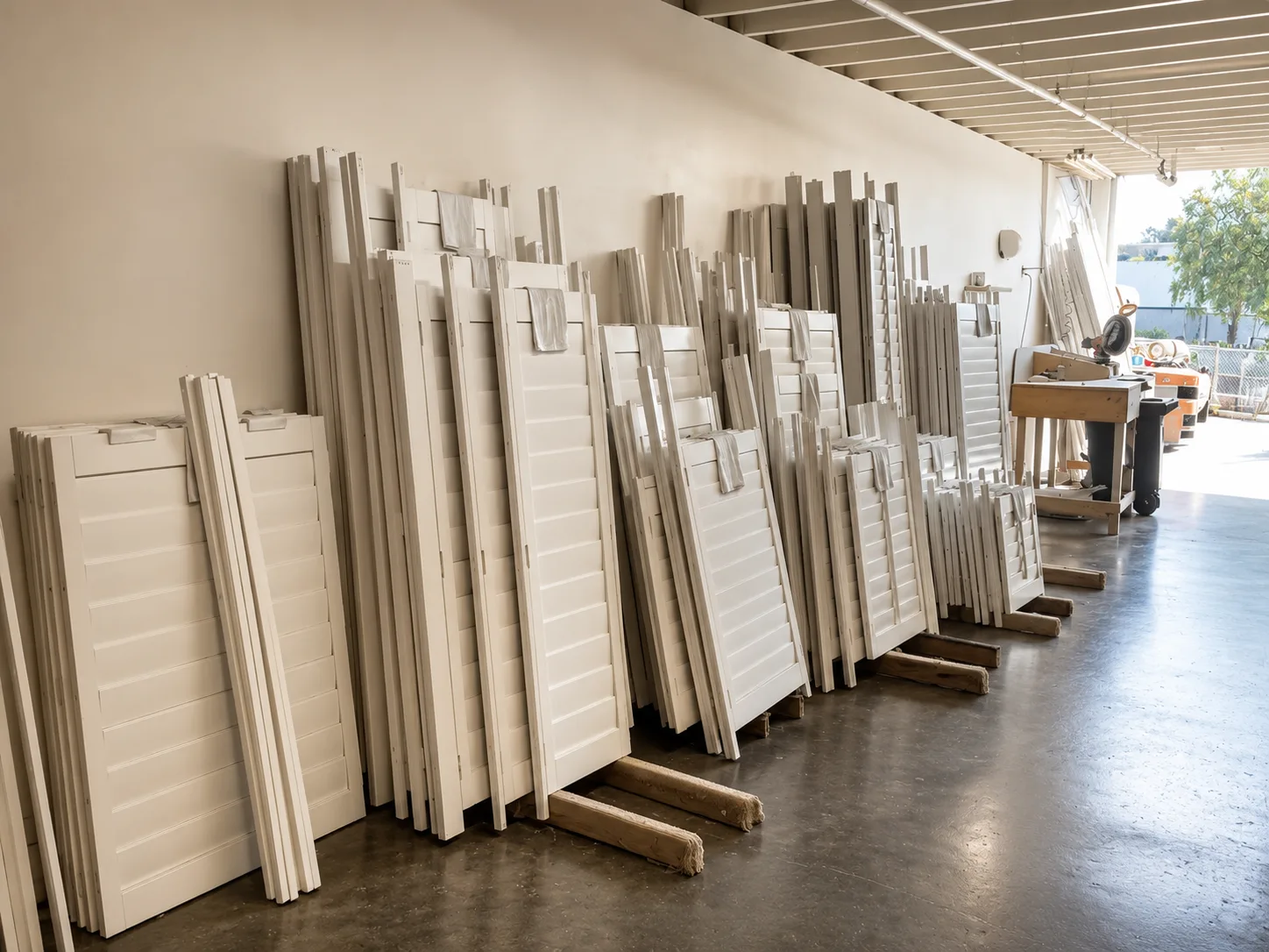 Finished shutter panels staged against the wall in the hinging and quality-control room