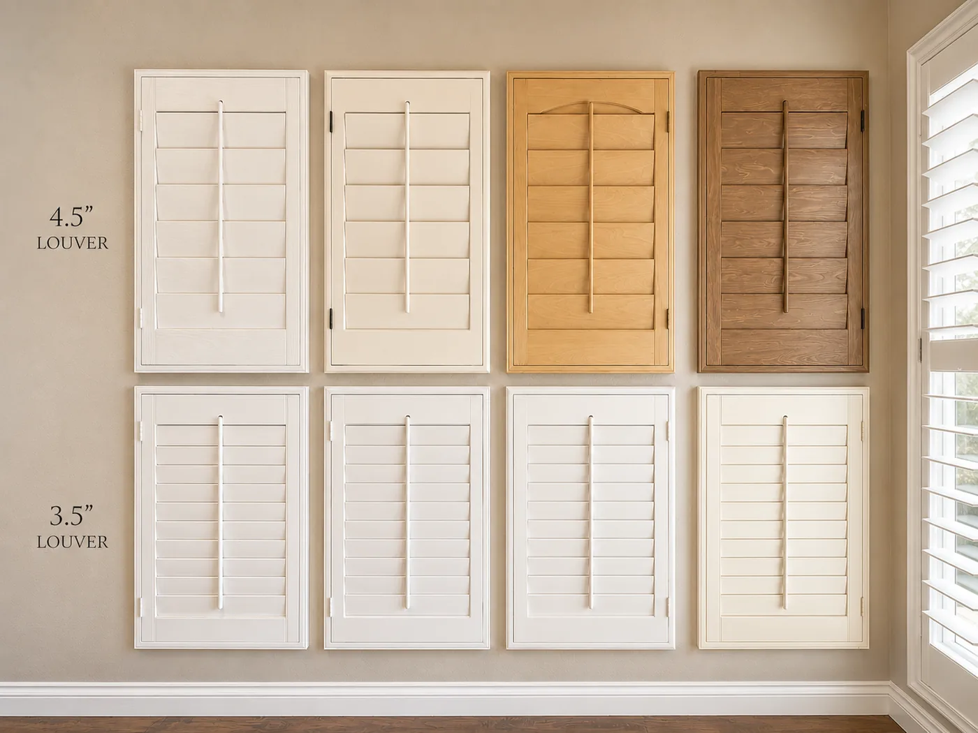 Plantation shutter sample panels in white and wood-stain finishes with 2.5- and 3.5-inch louvers
