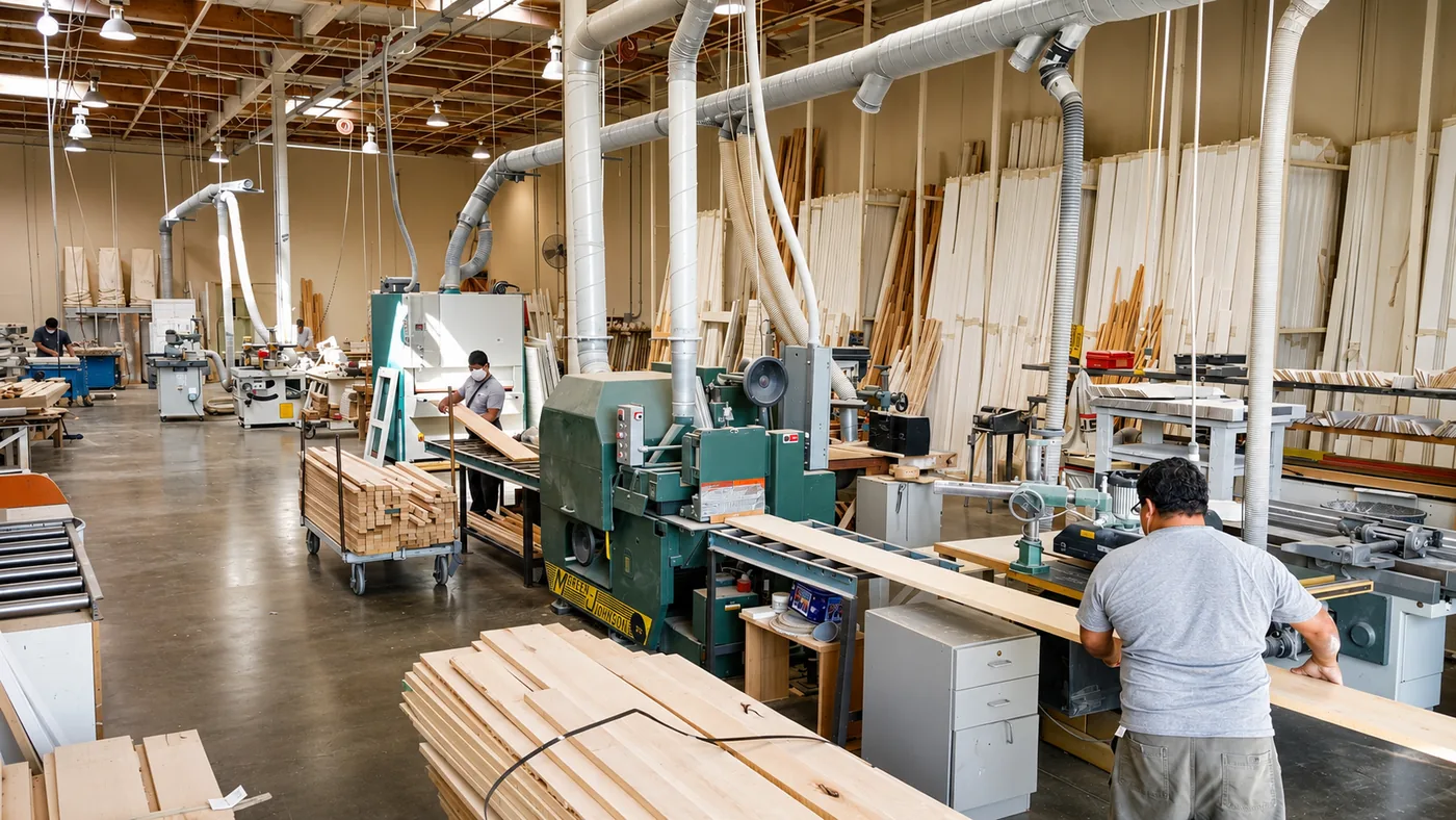 Golden West's Lake Forest factory floor with stacked basswood for milling custom shutters