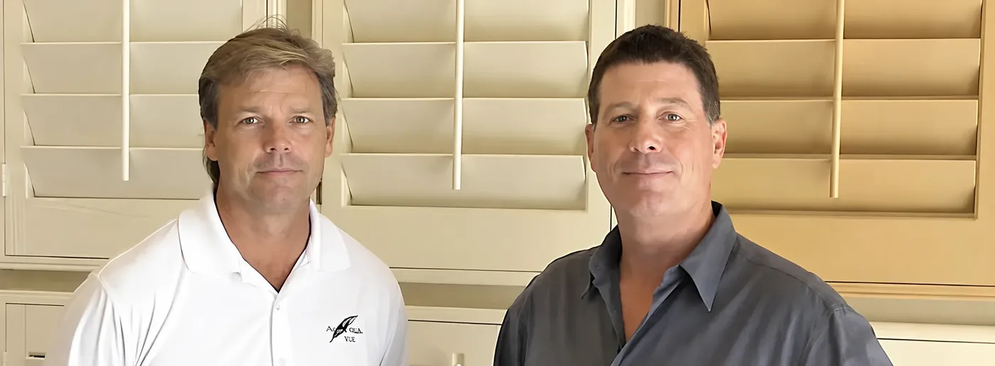 John and Dave, owners of Golden West Shutters, in front of custom white plantation shutters