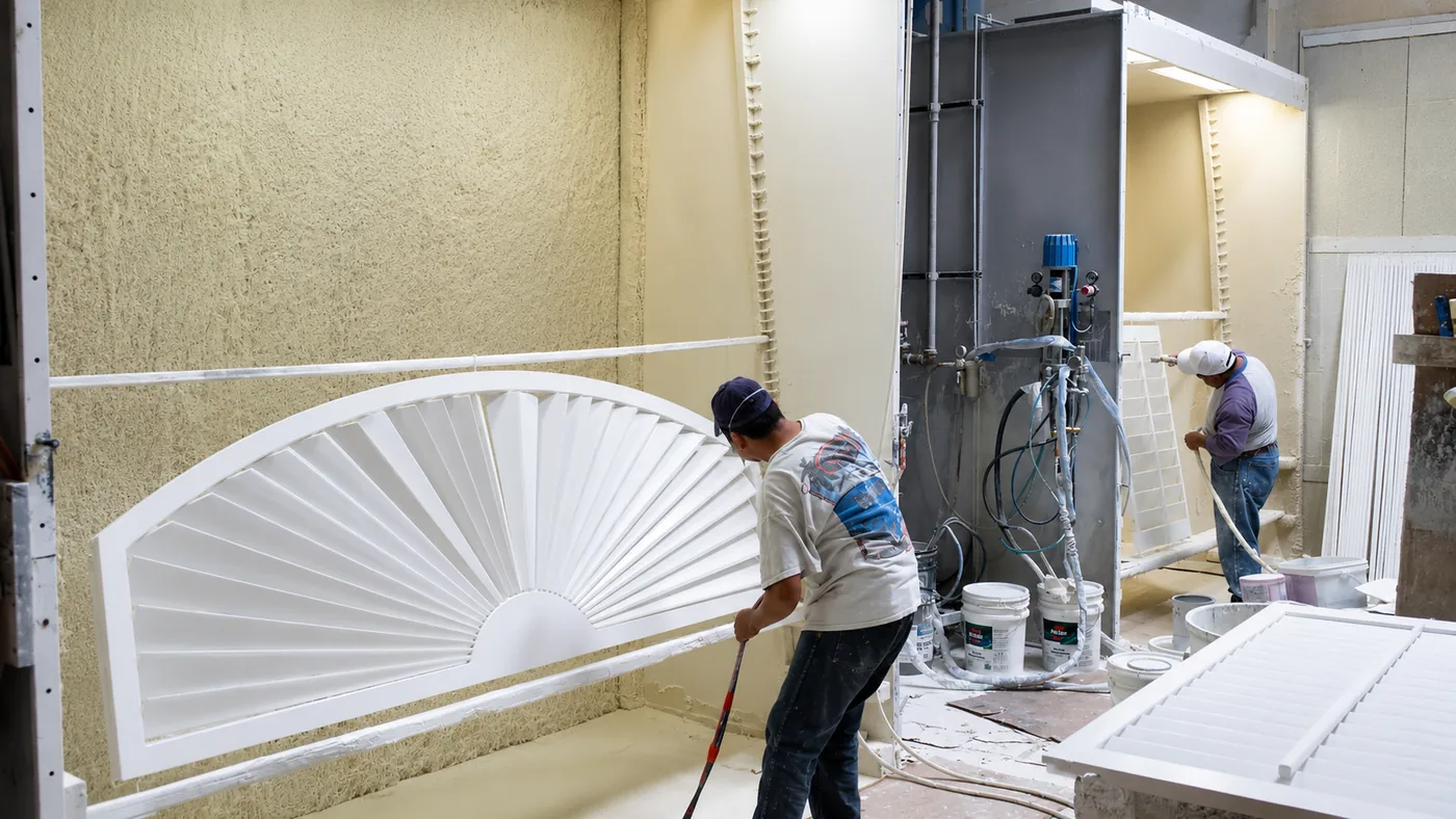 Golden West finisher hand-spraying lacquer on an arched plantation shutter in the spray booth